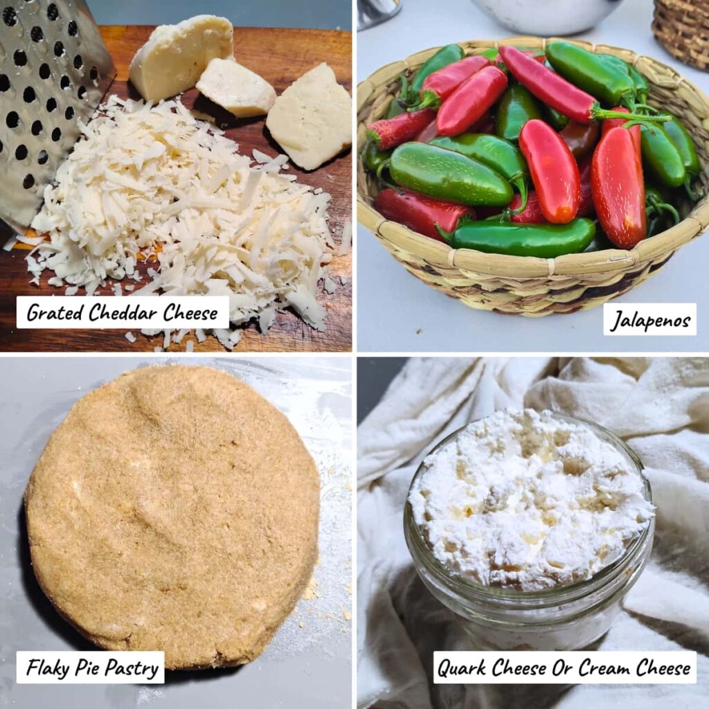 collage of 4 photos showing ingredients for the jalapeno popper quiches. cheese getting grated, jalapenos in a basket, fresh milled flour pie crust pastry and a jar with quark cheese. 