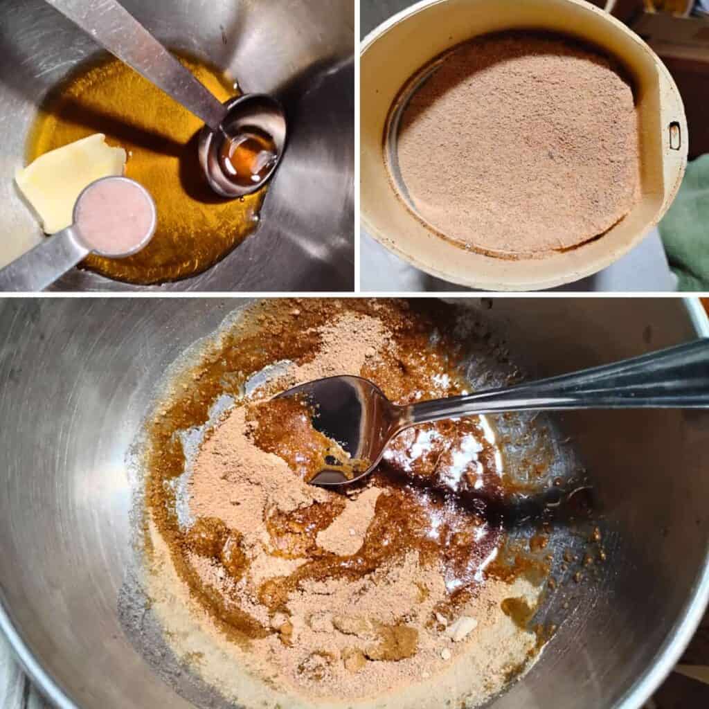 photo collage of 3 photos demonstrating the making of maple glaze. ingredients in a bowl, sugar is getting powdered in a coffee grinder, and a bowl with all ingredients getting mixed. 
