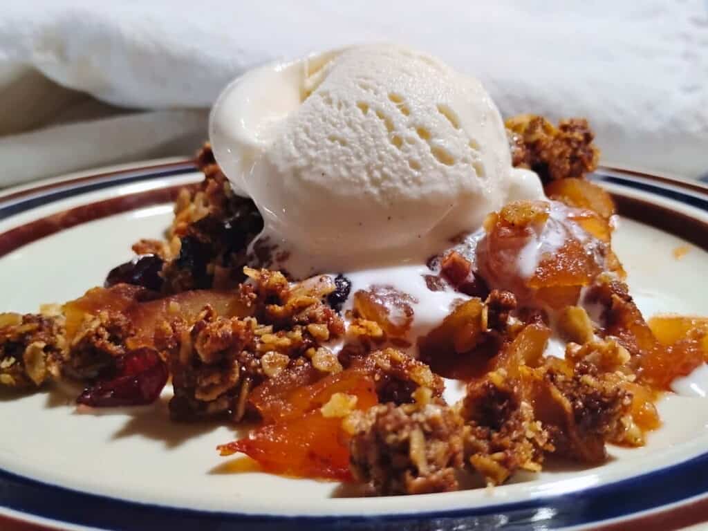 photo of a portion of healthy apple crisp with ginger and cranberries and a crunchy oat and walnut topping on a plate with a scoop of ice cream on top.