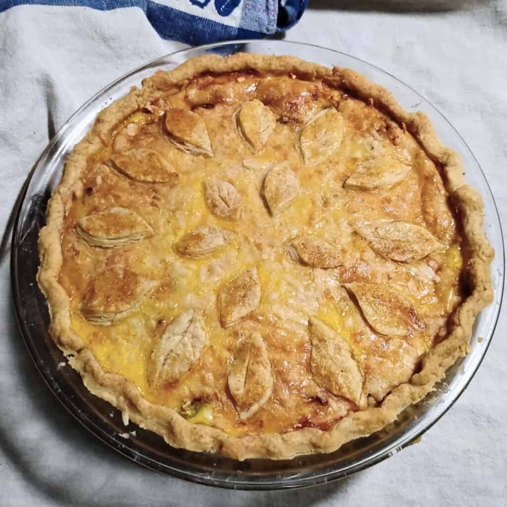 whole jalapeno pie in a pie dish, made with a flaky pie crust. 