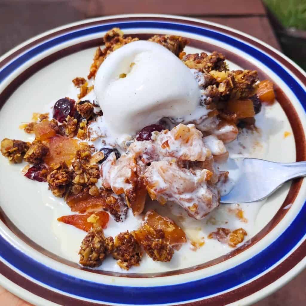 a plate with a portion of ginger spice healthy apple crisp topped with ice cream and a fork picking up some of it.