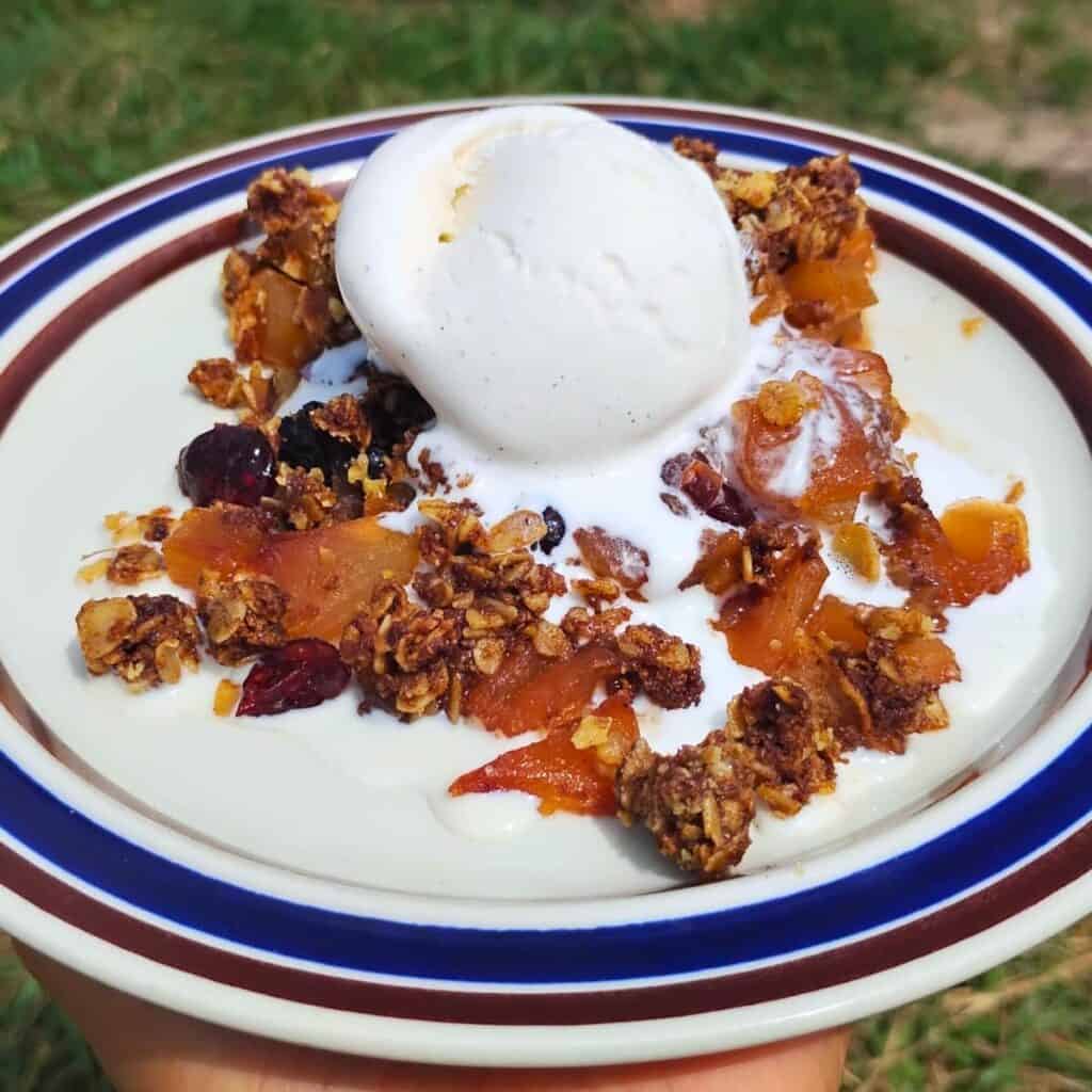 A plate with a portion of ginger apple crisp with walnuts and cranberries and topped with a scoop of ice cream that is melting over the apple crisp.