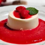 a single serve panna cotta on a plate surrounded with raspberry sauce and a few berries and a lemon balm leaf on top. All surrounded with fresh raspberry sauce.