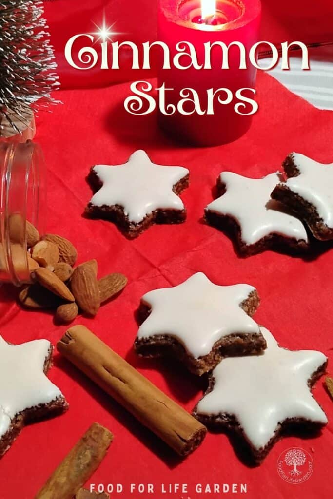 Zimtsterne, or cinnamon stars are scattered on a red napkin mixed with cinnamon sticks and some nuts are spilling out of a glass jar beside it. there is a candle and a fake christmas tree decoration in the background. Text overlay reads cinnamon stars food for life garden.
