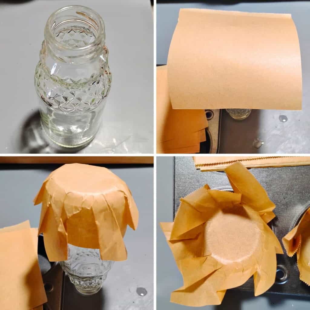 progression showing the assembly of homemade muffin liners. First a bottle, a sheet of parchment placed over the bottle. the same parchment folded over the bottom of the bottle and then placed in a muffin tin.