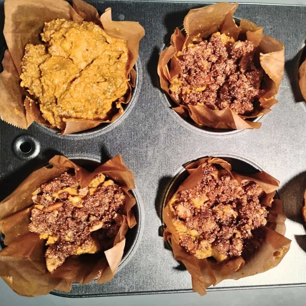 progression of muffin assembly, with muffins containing the bottom two layers and one shows another layer added.