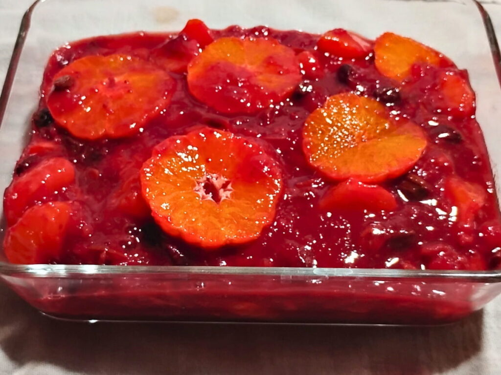 Cranberry orange sauce in a rectangular dish.