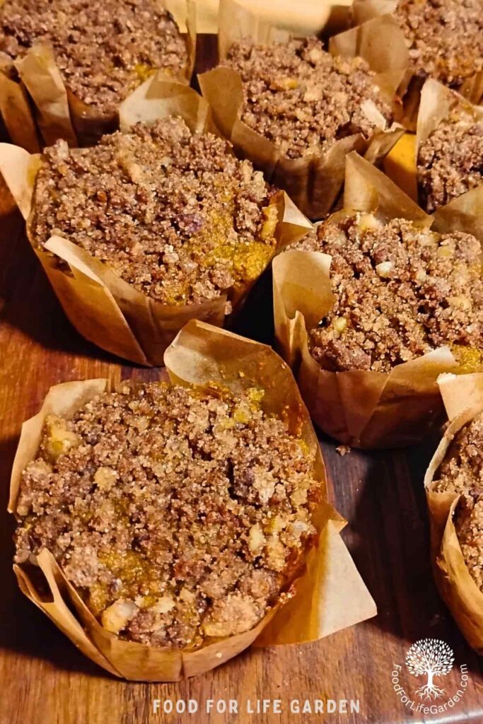 photo shows muffins in muffin liners on a cutting board. text overlay reads food for life garden.