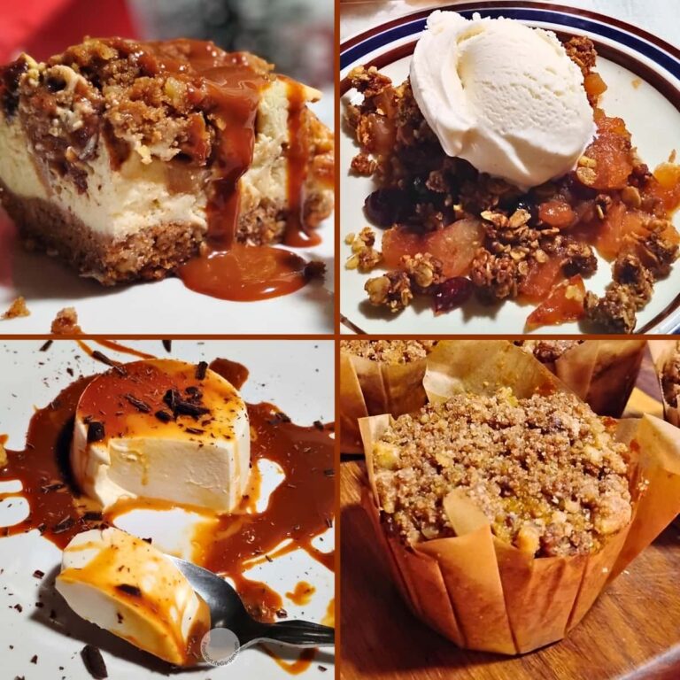 holiday desserts variety, apple pie cheesecake, apple crisp with ice cream, panna cotta with caramel sauce and apple muffin.