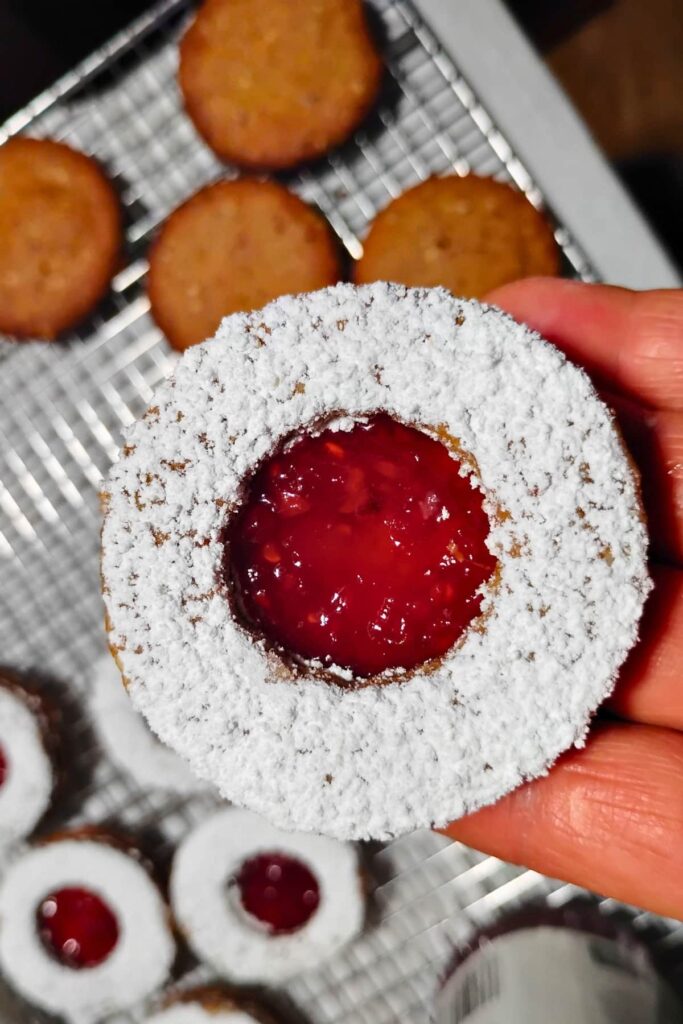 demo of a linzer cookie getting sandwiched together. Closeup of a finished cookie in a persons hand.