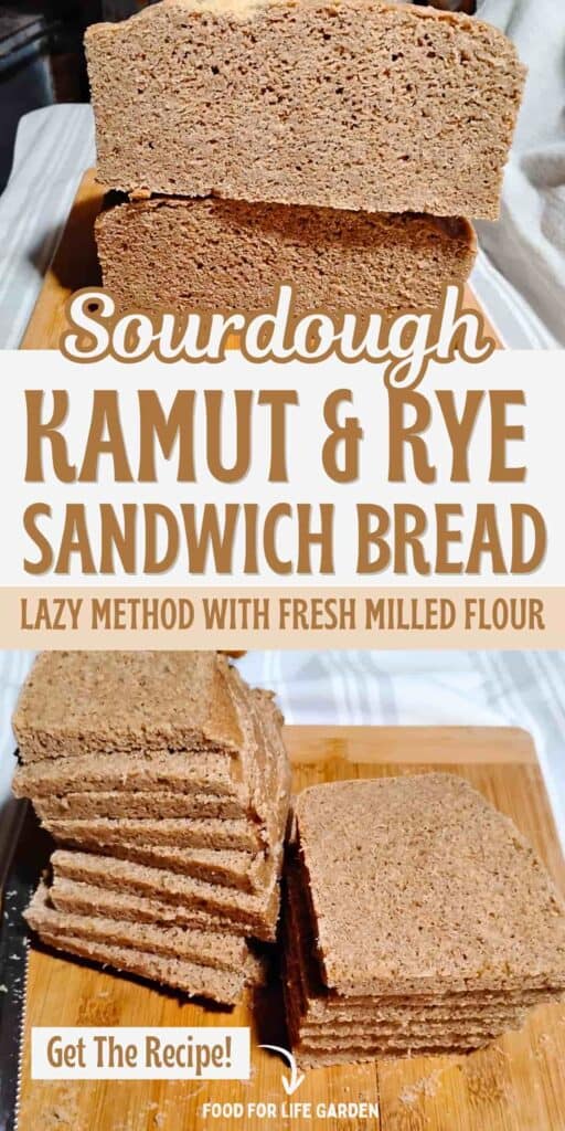 two halves of rye and kamut sourdough bread stacked on top of each other below is a photo with two stacks of sliced up sourdough rye bread on a cutting board. text overlay reads kamut and rye sandwich bread. lazy method with fresh milled flour. get the recipe. food for life garden.
