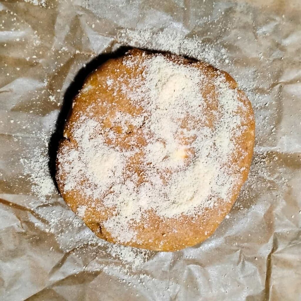 dough after chilling and covered with nut meal for rolling out.