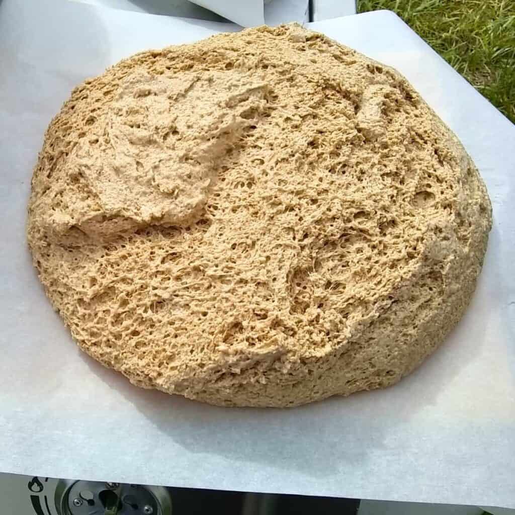 a bread dough on a piece of parchment, ready for baking.