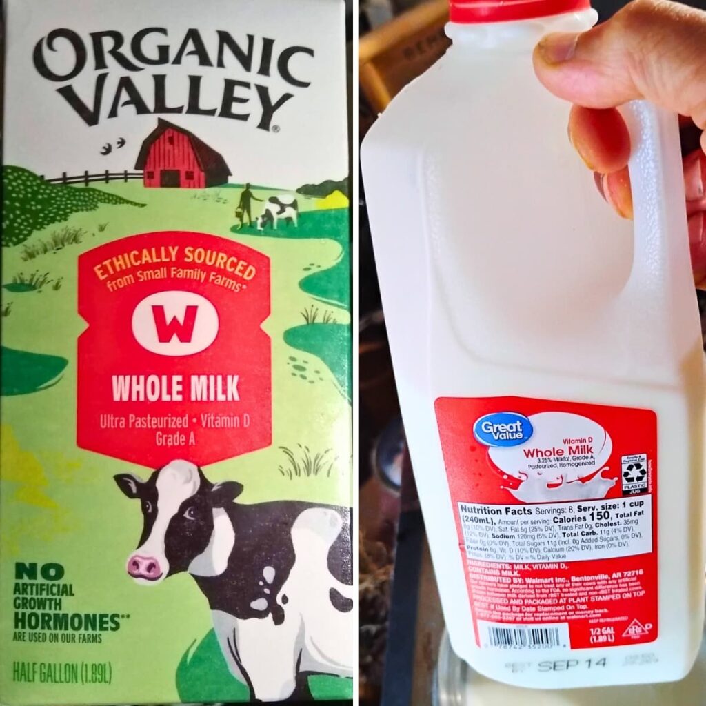 two jugs of milk from the store, one is ultra-pasteurized organic milk and the other a generic pasteurized milk. 