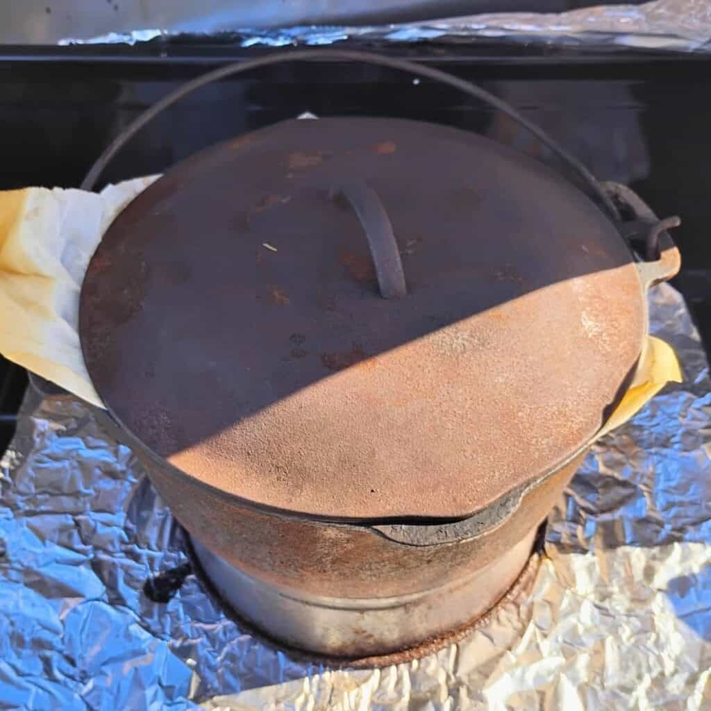 Bread baking in a Dutch oven. 