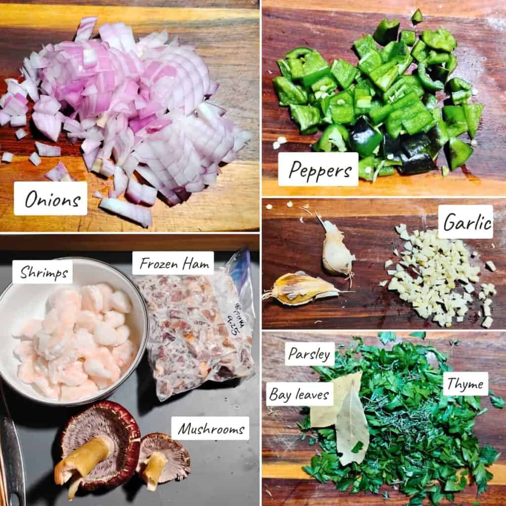a collage of ingredient photos. chopped onions, chopped peppers, garlic, parsley, thyme, and bay leaves, shrimps, frozen ham and mushrooms.