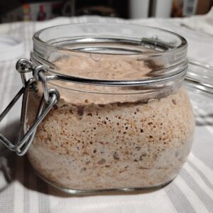 a flip top jar filled with active, bubbly sourdough.