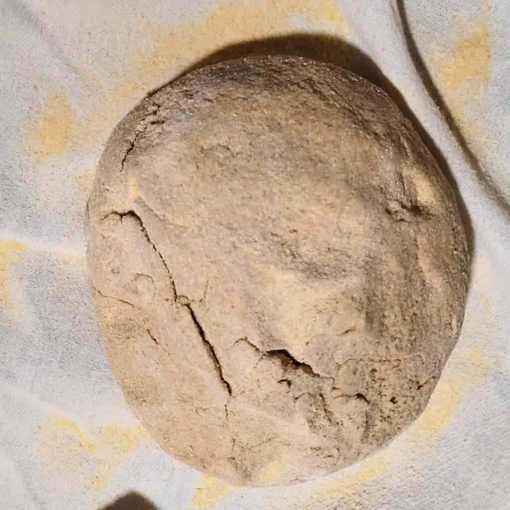 a bread dough that's formed into a loaf on a floured cloth. 