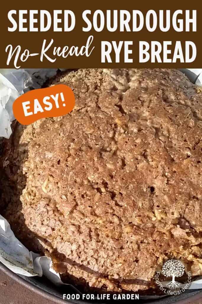 photo of a bread loaf in a dutch oven with text overlay that reads seeded sourough no-knead rye bread. Easy! food for life garden.