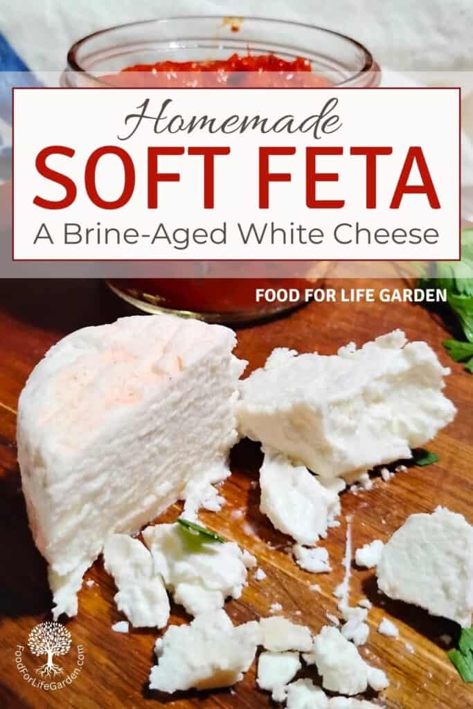 photo shows some chunks of soft feta cheese on a cutting board with some ajvar in a bowl behind it. text overlay reads homemade soft feta, a brine-aged white cheese. food for life garden.