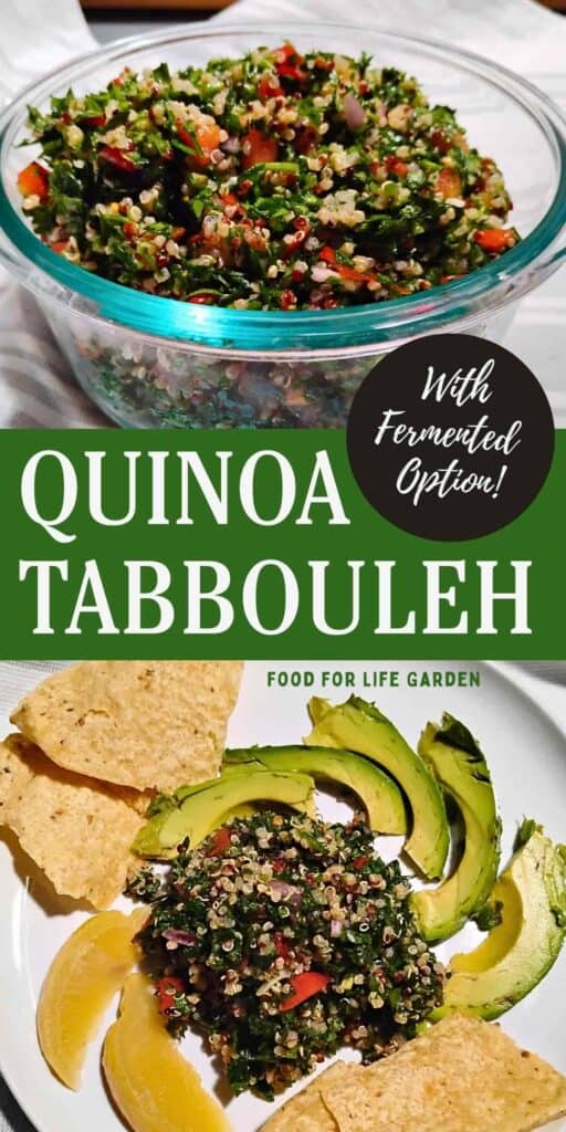 photo at the top shows a bowl filled with quinoa tabouleh and below it is on a plate and surrounded with corn chips, avocado, and fermented lemons. text overlay reads quinoa tabbouleh. with fermented option. food for life garden