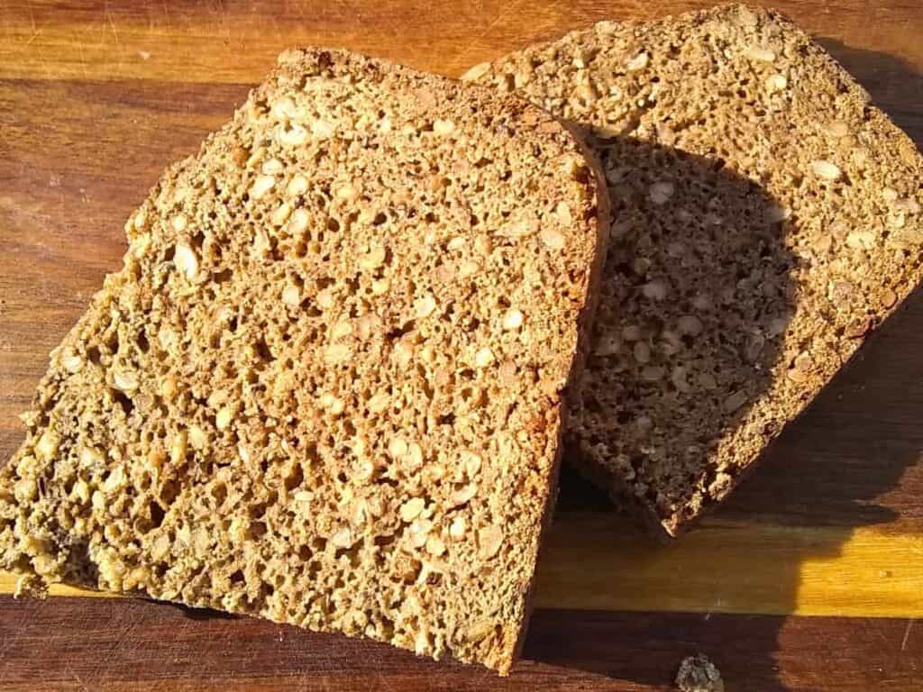 two slices of seeded sourdough rye and spelt bread.