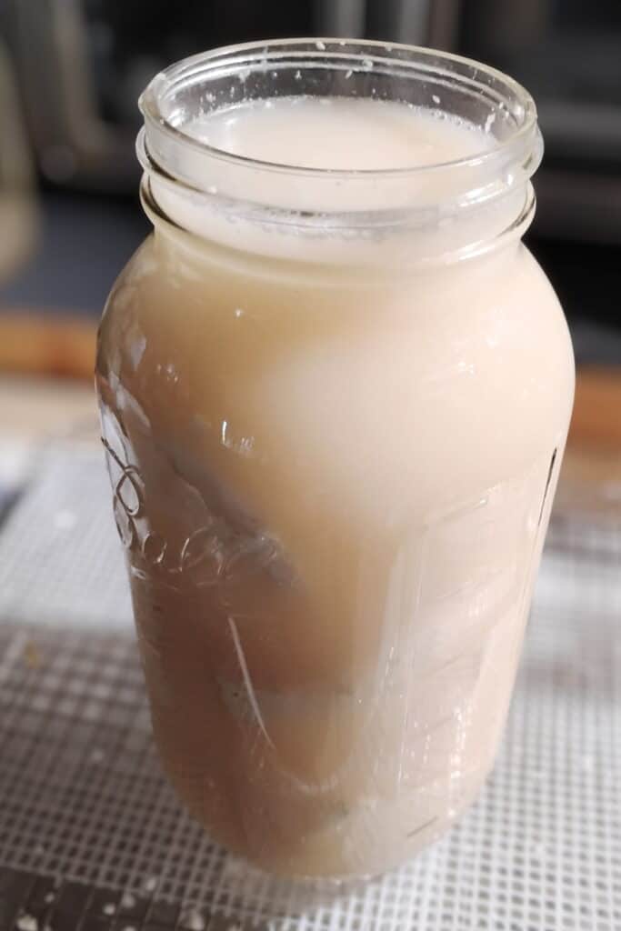mason jar filled with brine and a few feta cheese chunks.