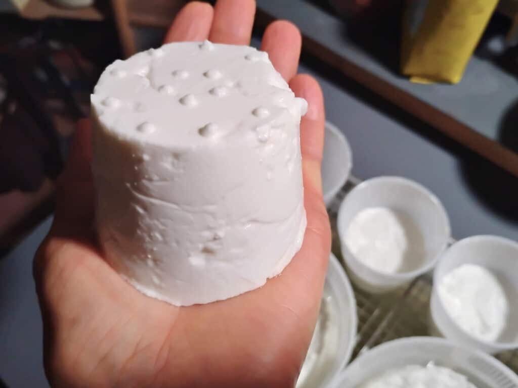 a person's hand holding a piece of feta cheese .