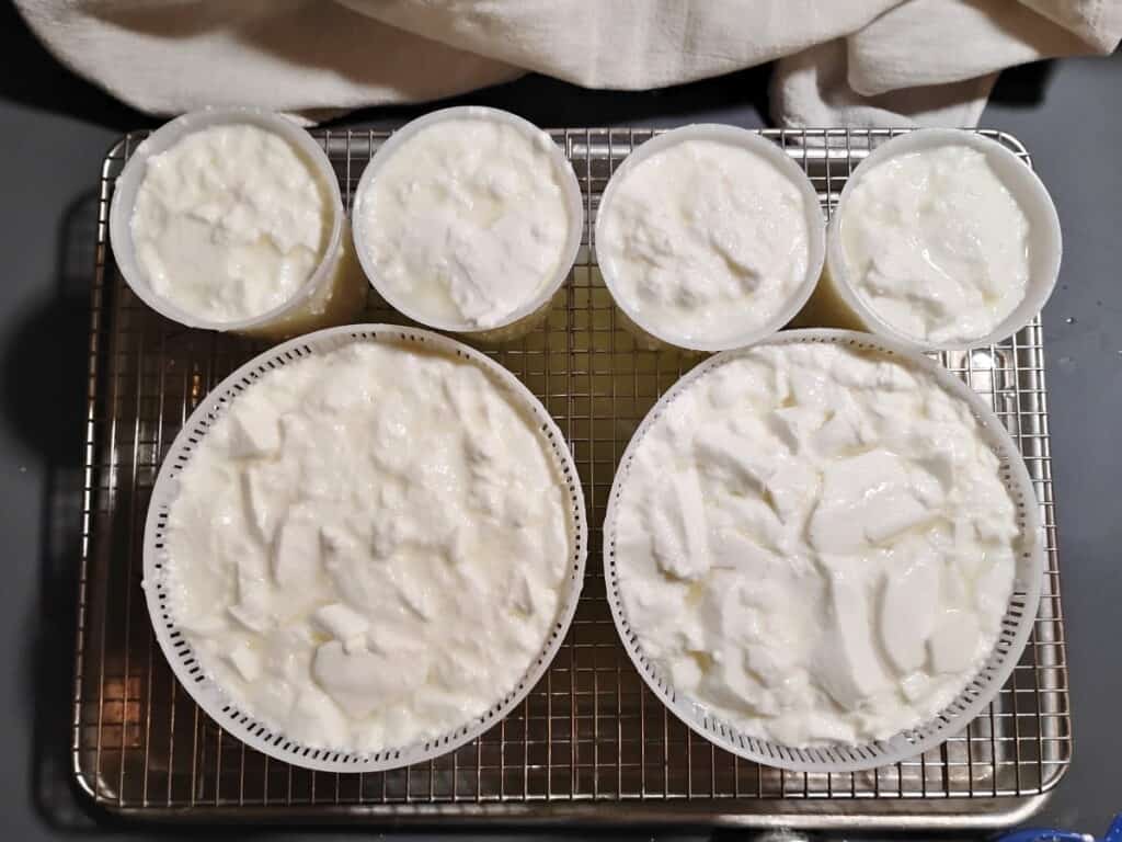 a feta cheese draining station made up of a baking sheet with a lasagna pan in it and a wire rack over it. On it are a couple of cheese mats and baskets filled with curds to make feta cheese draining on them.