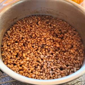 a pot with cooked grains