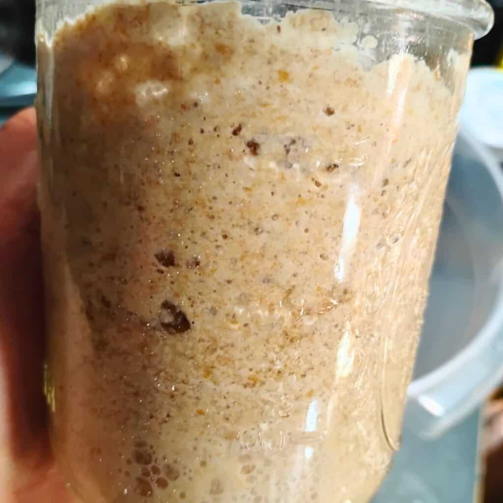a jar filled with active sourdough in a person's hand.