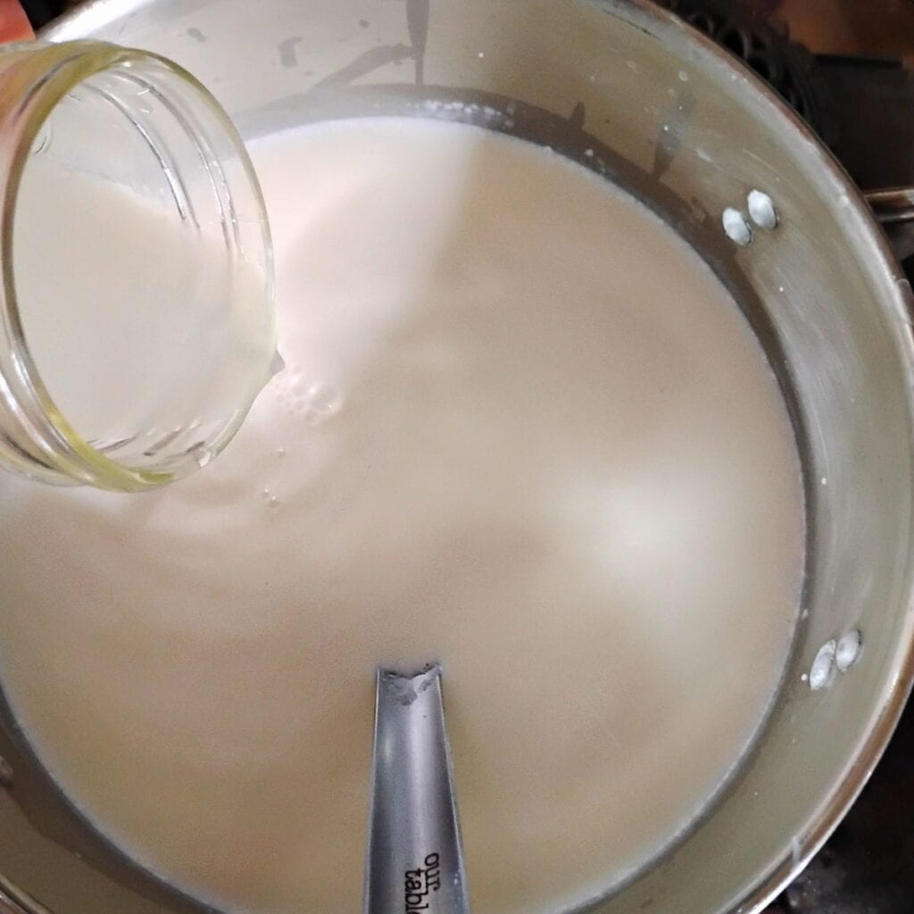 photo shows a pot filled with milk and a spoon, and a jar pouring whey into it.