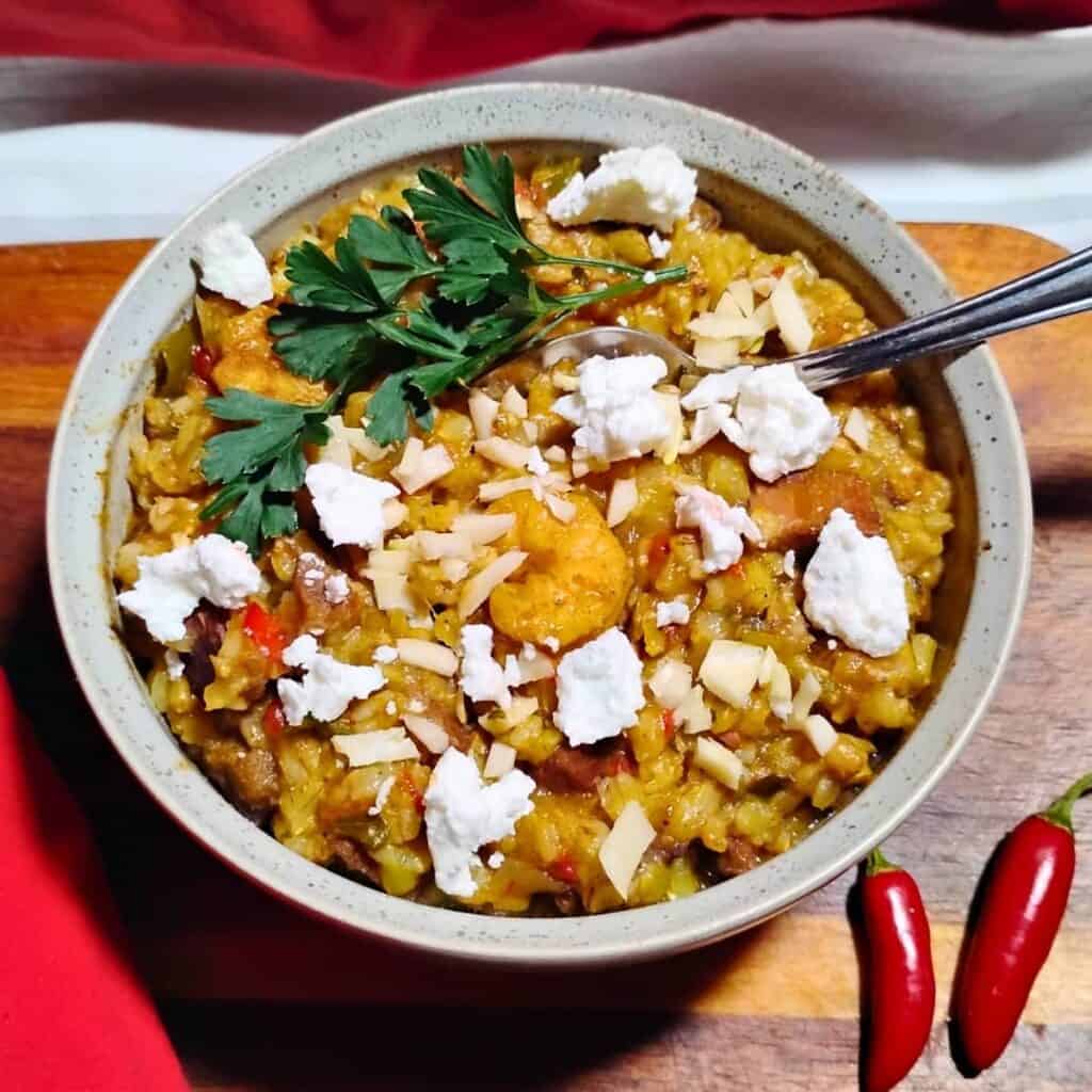 photo shows a bowl filled with jambalaya and feta cheese crumbs on it.