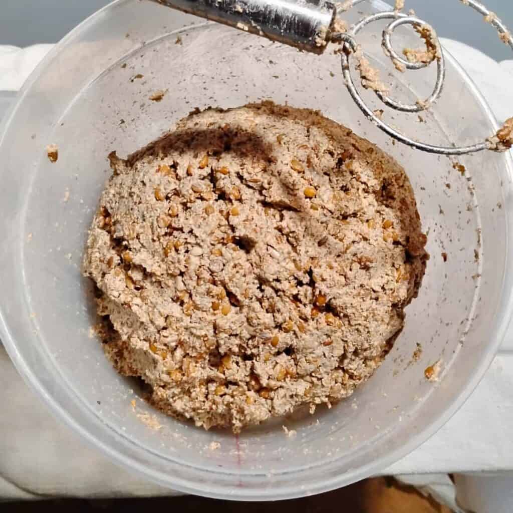 finished dough that is ready to ferment inside a plastic container with a danish dough whisk on top.