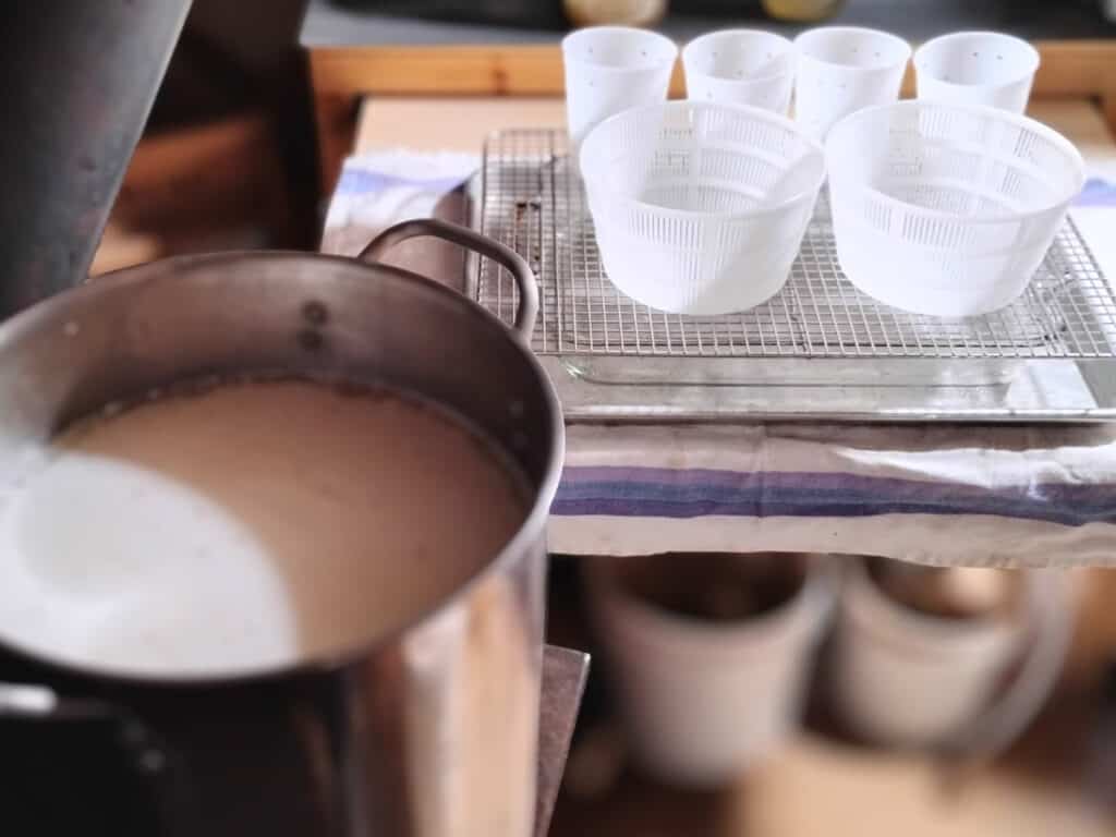 setup of a cheese draining station with empty cheese baskets ready for curd. a pot with curd is sitting in the foreground.