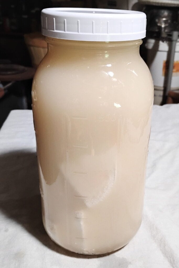 tall half gallon jug with chunks of feta cheese in a salty brine.