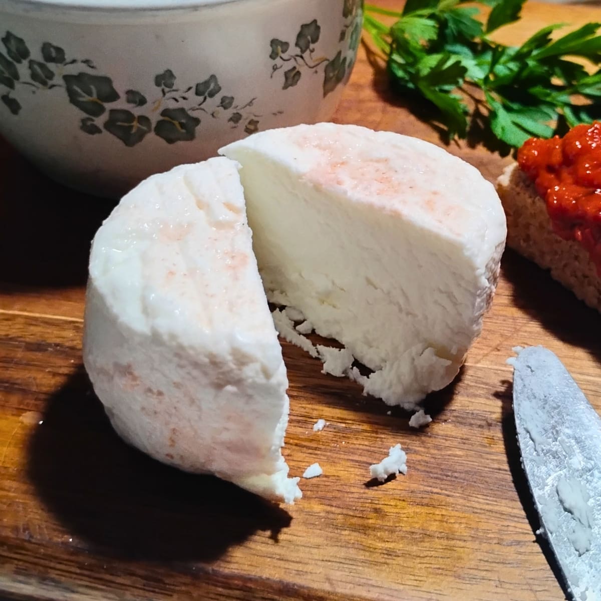 photo of homemade soft feta white brine-aged cheese