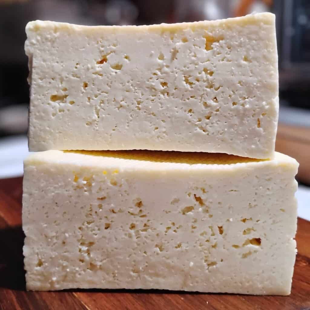 photo of two halves of a bel paese loaf stacked on top of each other. this was made with starter culture made from vegetable fermentation juice.