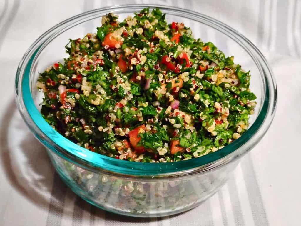 A bowl full of quinoa tabouli salad 