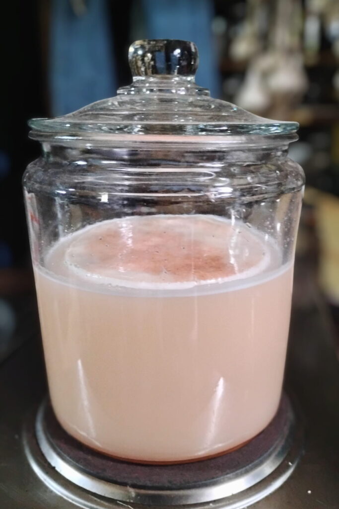 glass container with lid that is filled with a saturated cheese brine and has a loaf of cheese floating in it with a layer of salt on top.