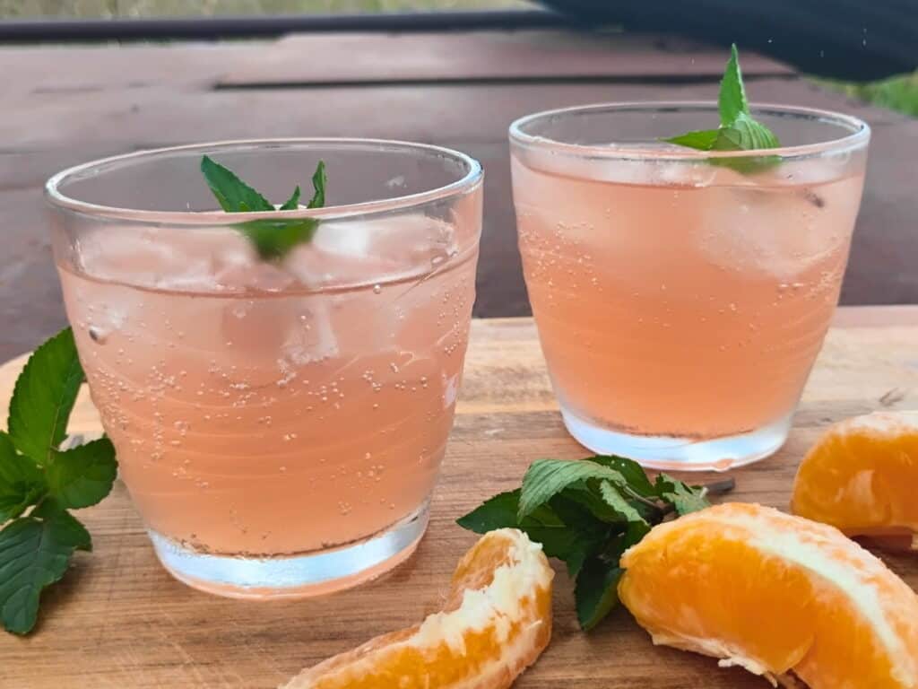 photo shows two serving glasses filled with mimosa flower soda on ice and decorated with mint sprigs. 